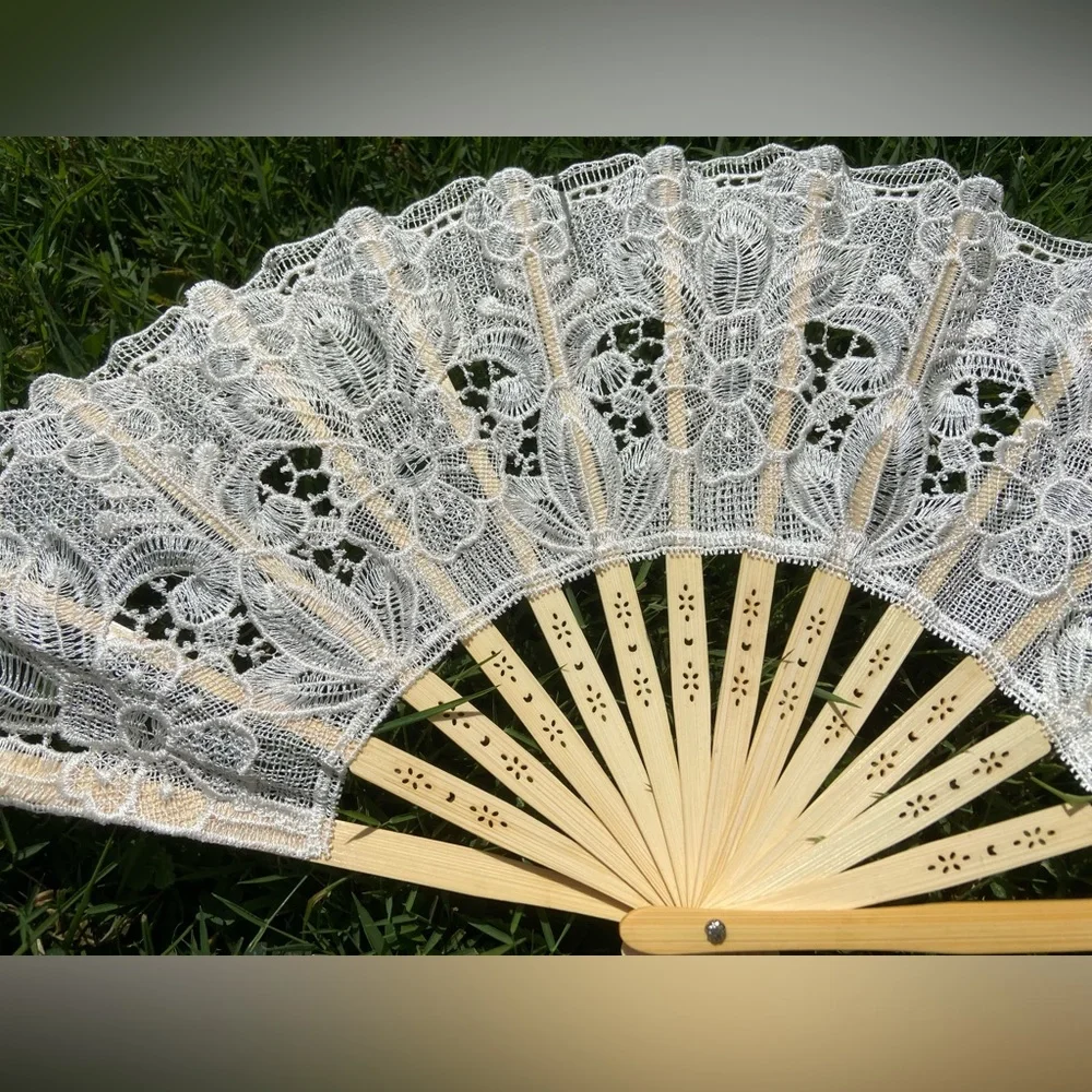 Ivory Lace Fan with Floral Design, Large Beige Lace Fan for Wedding Ceremony
